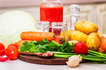 Ingredients for cooking borscht, Russian beet soup