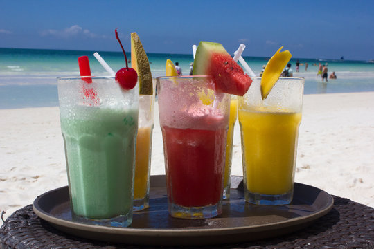 fruit cocktails on the beach of the island Borakay, Philippines