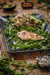 Healthy homemade diet food with cauliflower salad and roasted chicken breast