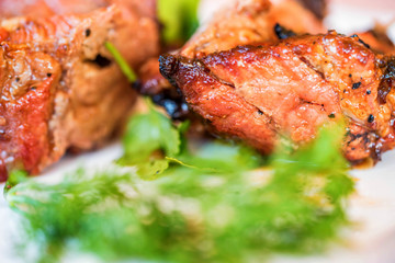 Pieces of grilled pork on plate with salad