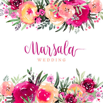 Marsala wedding watercolor floral background