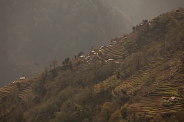 The mountain village in Nepal located on cascades and surrounded by greenery. - 193808502