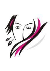 Stylized portrait of a girl in black, white and purple flowers. Romance, dream, style. Vector graphics. Logo