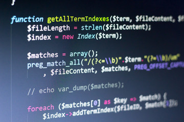 PHP back-end code. Computer programming source code. Abstract screen of web developer. Digital technology modern background. Code is created by myself.