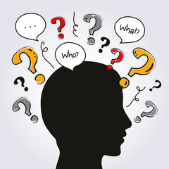 Silhouette human head with a lot of questions. Vector.