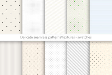 Collection of vector seamless delicate patterns. Dotted, striped tileable color textures