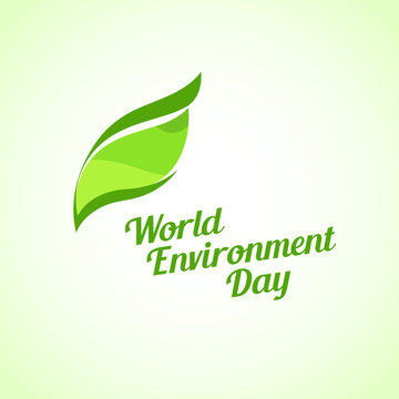 Green Leaf on Bright Background, Vector Illustration - World Environment Day Emblem with Caption