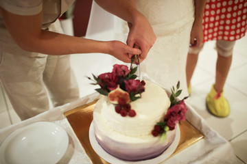 Obraz na płótnie Canvas Elegant pretty young bride and groom cutting the wedding cake.