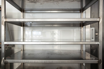 Empty new clean  kitchen storage room stainless steel in a hotel or rastaurent