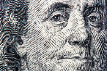 Benjamin Franklin portrait close-up on 100 dollars banknote - obrazy, fototapety, plakaty