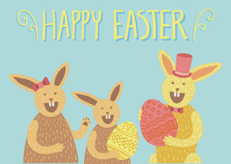 Happy Easter card with bunny family and eggs