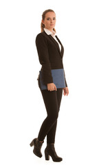 Corporate full length portrait of a preety business woman with blue folder isolated over white background