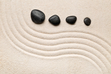 Fototapeta na wymiar Zen sand and stone garden with raked curved lines. Simplicity, concentration or calmness abstract concept