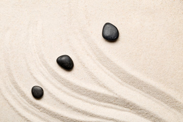 Zen sand and stone garden with raked curved lines. Simplicity, concentration or calmness abstract...