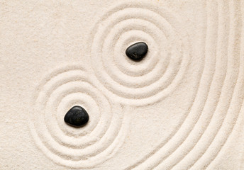 Zen sand and stone garden with raked lines, curves and circles. Simplicity, concentration or...