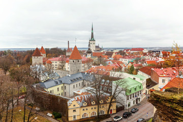 Naklejka na ściany i meble Aerial view on the old town with main central steet in Tallinn, Estonia