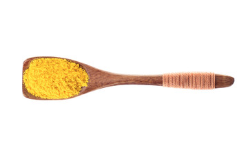 spice saffron powder in  wooden spoon isolated on a white background, top view