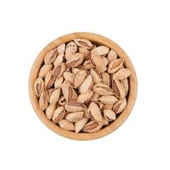 Almond in wooden bowl isolated on white. Top view.