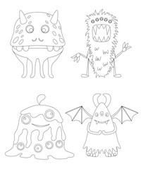 Childrens coloring page with funny cartoon monsters