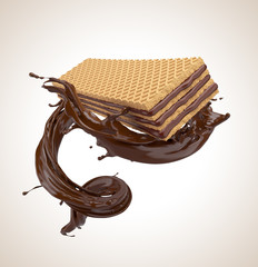 Crispy wafer with chocolate Splash, wafer flavor, include Clipping path 3d illustration.