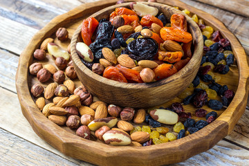 Mix from dried fruits and nuts in bowl