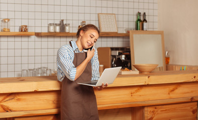 Pleasant intelligent woman discussing work