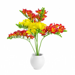 Bouquet of blossoming random flowers planted in white ceramic pot, isolated on white background. 3D Rendering, Illustration.