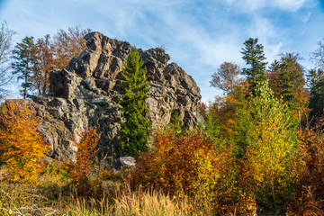 Rocks in the woods. Autumn landscape in the Czech Republic