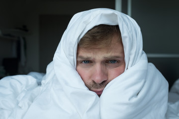 Close up portrait of caucasian man with insomnia.