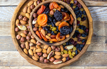Mix from dried fruits and nuts in bowl