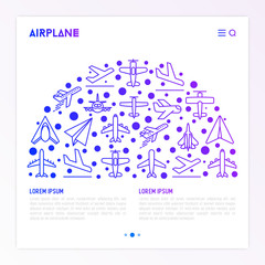 Airplane concept in half circle with thin line icons: agricultural aircraft, passenger's plane, military aviation, paper plane. Top, side, front views. Vector illustration for print media, web page.