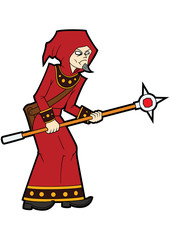 Fantasy battle mage with a staff/ Illustration cartoon wizard man with a magic staff
