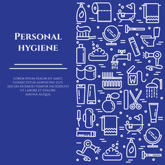 Personal hygiene blue line banner. Set of elements of shower, soap, bathroom, toilet, toothbrush and other cleaning pictograms. Line out. Simple silhouette. Editable stroke. Vector illustration