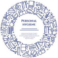 Personal hygiene blue line banner. Set of elements of shower, soap, bathroom, toilet, toothbrush and other cleaning pictograms. Line out. Simple silhouette. Editable stroke. Vector illustration