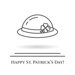 St. Patrick's Day theme black and white line banner. Green leprechaun hat with shamrock leaf. Holiday related pictograms. Lineout. Simple silhouette. Editable stroke. Vector illustration