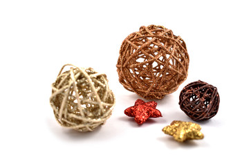 Decorative wicker balls stock images. Wicker Christmas ornaments images. Christmas decoration on a white background. Natural home decoration