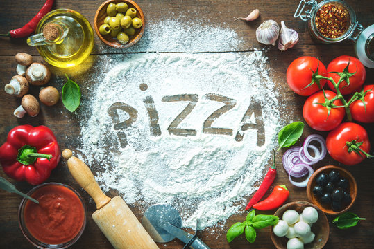 Ingredients and spices for making homemade pizza