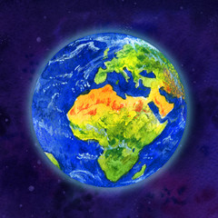 Earth planet in space view of Africa and Europe - hand drawn watercolor illustration