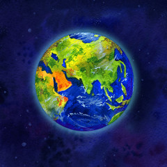 Earth planet in space view of Asia and Europe - hand drawn watercolor illustration