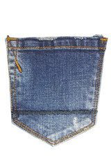 Blue jean back pocket on white background.