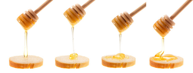 Honey is applied to the surface of bread. Isolated on a white background. Set of images.