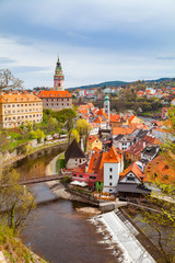 Fototapeta na wymiar Aerial view of the mill and old town of Cesky Krumlov along the river, Czech republic. Bright spring time.