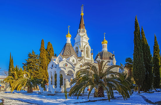 SOCHI, RUSSIA - JANUARY 27, 2016: Winter panorama of the temple complex.