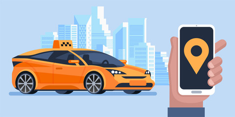 Naklejka premium Taxi banner. Online mobile application order taxi service. Man call a taxi by smartphone. Vector horizontal illustration.