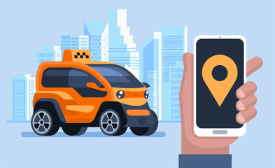 Taxi banner. Online mobile application order taxi service. Man call a taxi by smartphone. Vector horizontal illustration.