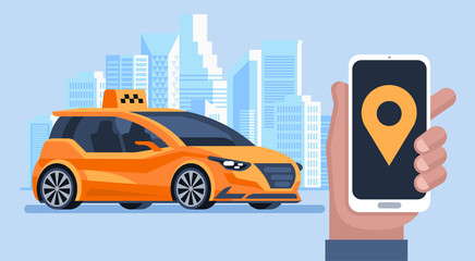 Taxi banner. Online mobile application order taxi service. Man call a taxi by smartphone. Vector horizontal illustration.