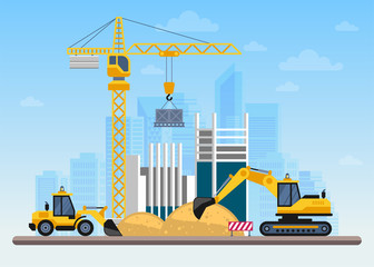 Building work process with houses and construction machines.