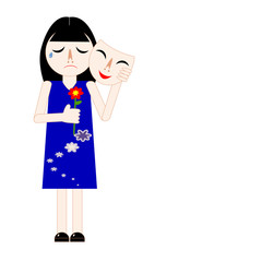 Woman hiding sorrow face under smiling mask. Lady take off mask and express real feeling. Concepts of broken heart, social expression, Bipolar or Major Depressive Disorder (MDD). Vector illustration.