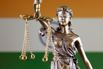 Symbol of law and justice with India Flag. Close up.