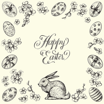 Easter vintage vector frame. Hand drawn illustrations of bunny, eggs, and flowers. Happy Easter calligraphy.